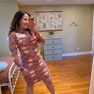 Another Girl Orange Blue Retro Organic Cotton Body Con Mini Dress Long Sleeve 2